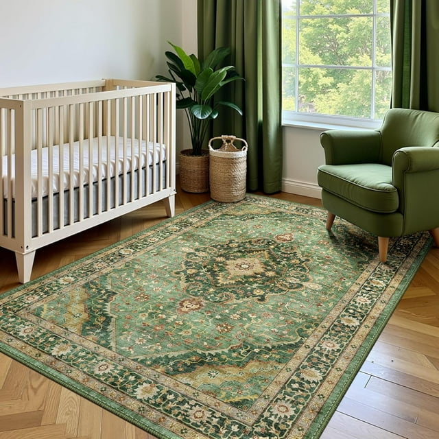 Green Area Rug 3x5 Washable Rug Non-Slip Area Rugs for Bedroom Living Room Kitchen, Printed Low-Pile Ultra-Soft Cute Dorm Rug Room Decor for Teen Girls(Border Green)