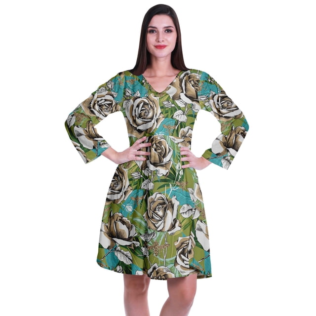 Moomaya Robe Courte Évasée Imprimée de Designer, Manches Longues, Tunique en Velours, Robes pour Femmes