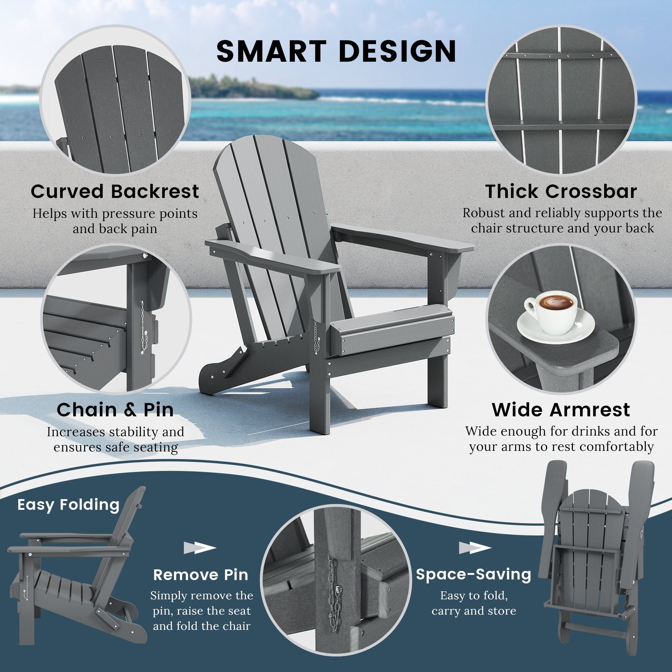 Polytrends  Laguna Weather Resistant Outdoor Patio Folding Adirondack Chair Gray Poly Synthetic Fiber, Plastic