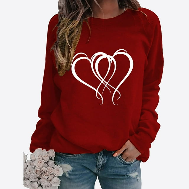 Meichang T-Shirts Mignons de la Saint-Valentin pour Femmes, T-Shirts Graphiques Mignons avec Cœur, Manches Longues, Col Rond, Hauts Mignons, Coupe Ample, Chandail Molletonné à Enfiler pour les Fêtes