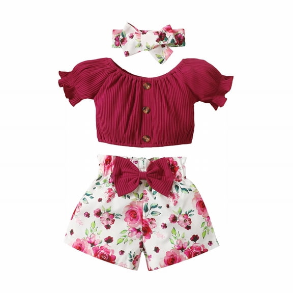 Mercatoo Girls Summer Clothes Solid Color Stripe Tops Flower Print Shorts and Hairband Suit Suitable Size 8 Girls Outfit Set