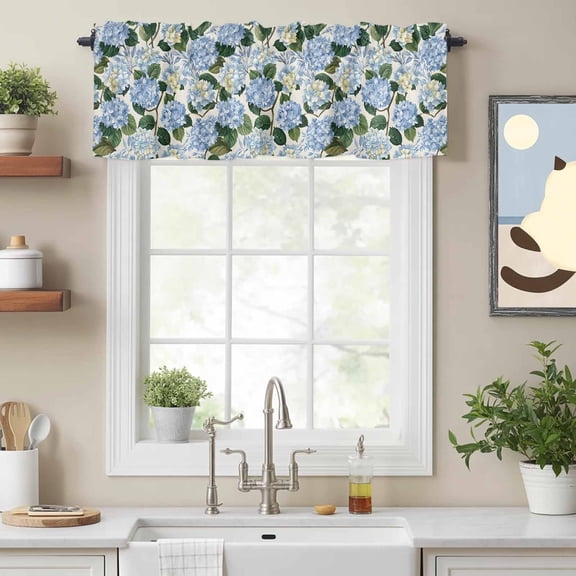 Valance Curtains for Windows Blue Hydrangea Floral Kitchen Curtians Window Treatment Watercolor Flowers Topper Curtain Rod Pocket Valances for Kitchen Bathroom Living Room 42x18in
