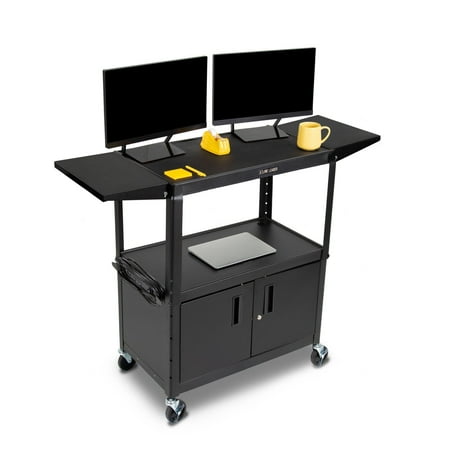 Line Leader Large AV Cart with Locking Cabinet & Drop Leaves | Height Adjustable Utility Cart | Includes Pullout Keyboard Tray & Cord Management | Easy Assembly (66in x 18in x 42in / Black)