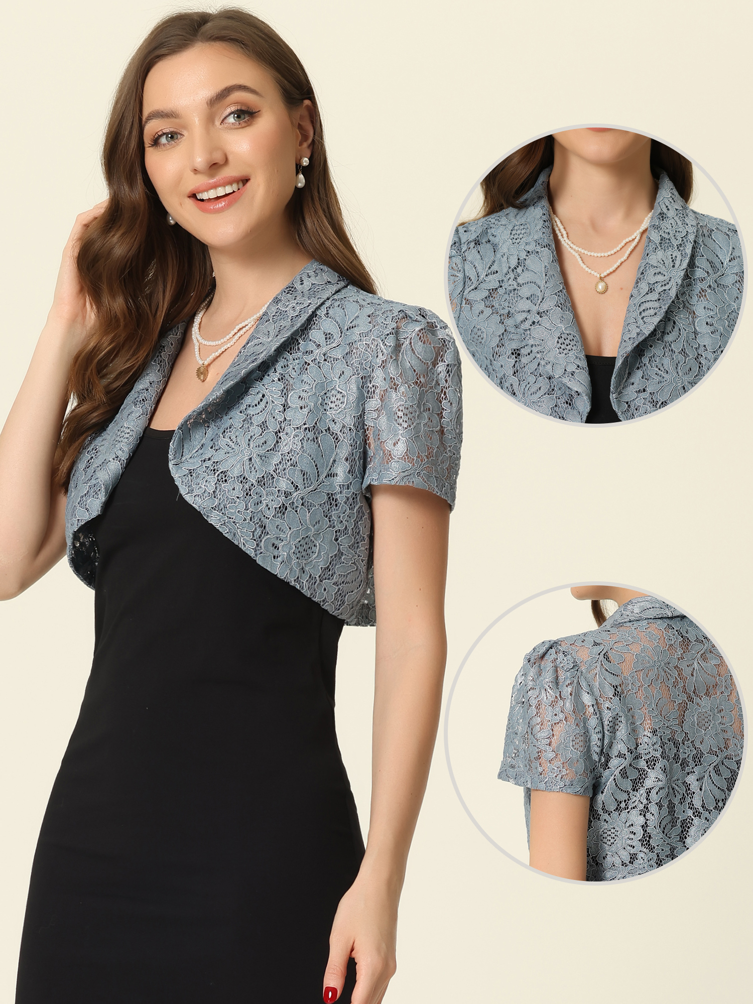 Unique Bargains Floral Lace Shrug for Women's Lapel Collar Short Sleeves Bolero Cardigan S Grey Blue