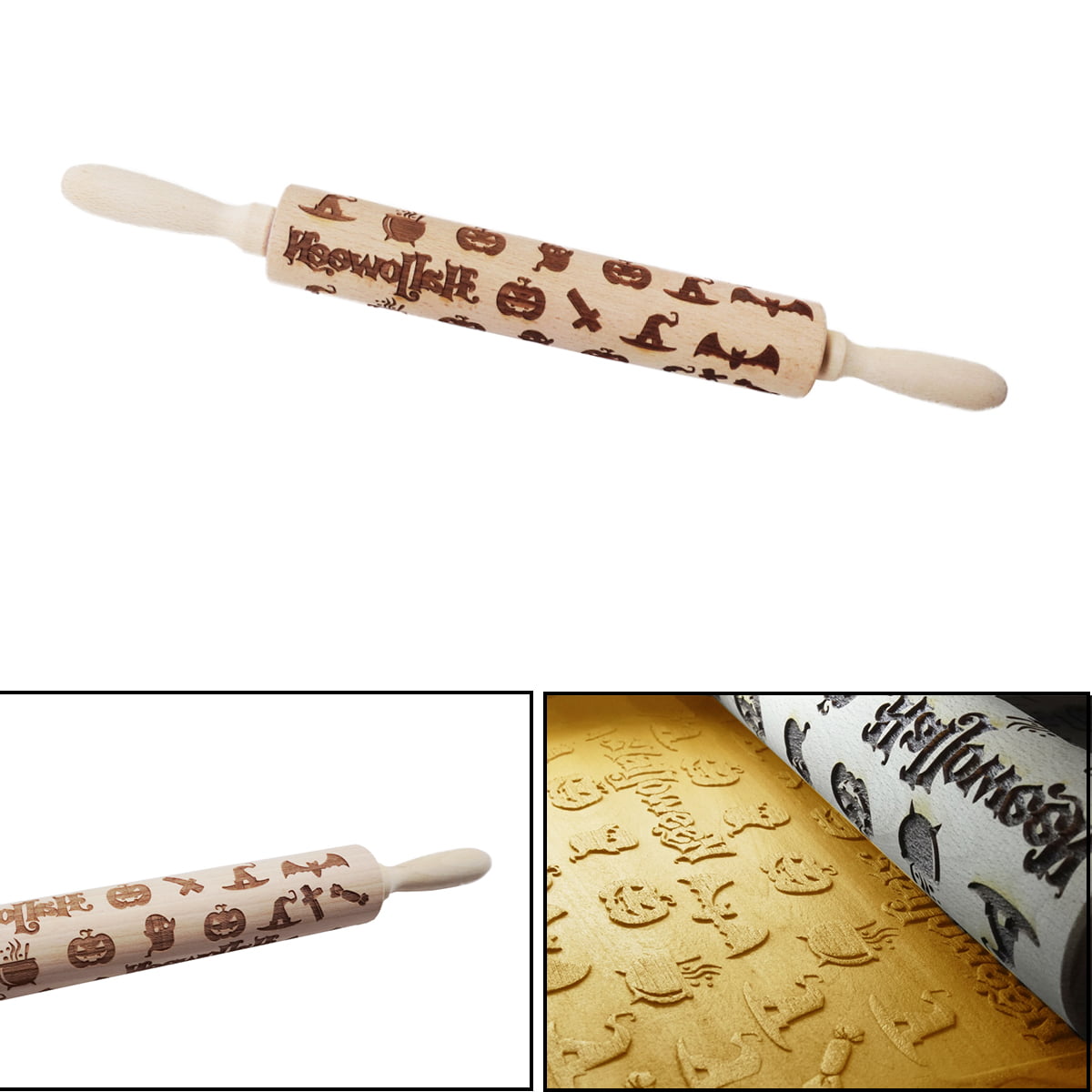 Pumpkin/Spider/Witch/Elf Engraved Decor Rolling Pins For Halloween Creative Engraved Pattern Womdee Halloween Embossing Rolling Pin 3D Wooden Embossed Rolling Pin For Baking 1 Pack 