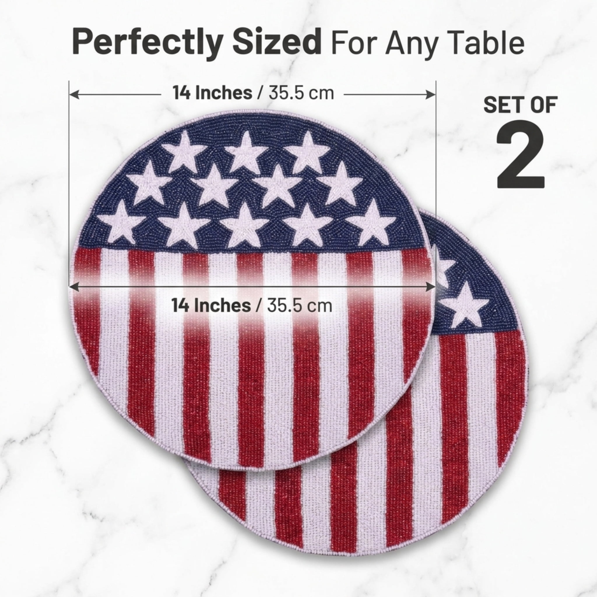 American Flag Beaded Placemats Set of 2 - 4th of July Patriotic Freedom Stars Independence and Memorial Day Heat Stain Resistant Table Place Mats for Kitchen Dining Table Home Decor - 14 Inches