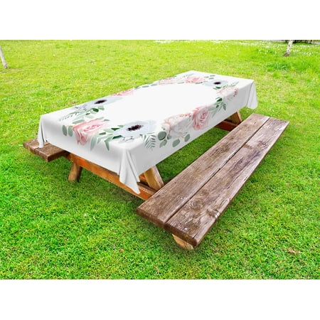 

Anemone Flower Outdoor Tablecloth Delicate Peony Rose Brunia Eucalyptus Leaves Round Wreath Decorative Washable Fabric Picnic Tablecloth 58 X 120 Inches Almond Green Pale Pink White by Ambesonne