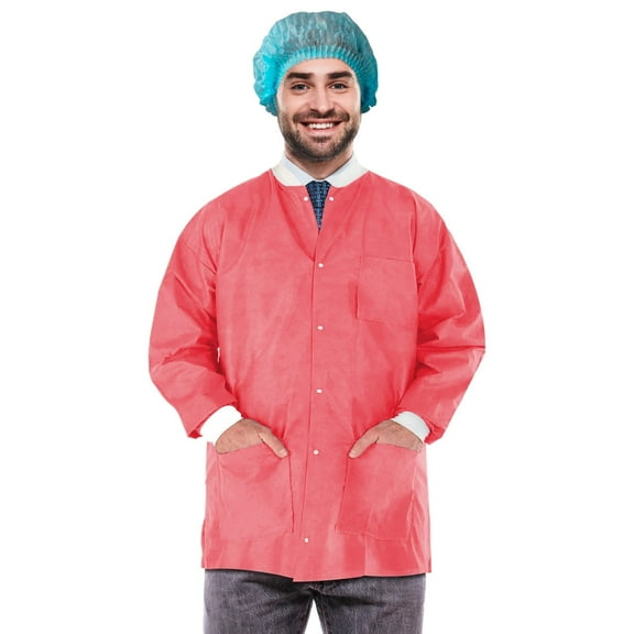 Disposable Lab Jacket, 32 Inches Long. Pack of 100 Coral Pink Hip-Length Workwear X-Large. SMS 50 gsm Disposable Shirts with Snaps Front, Knit Cuffs & Collar, 3 Pockets. Unisex PPE Coat