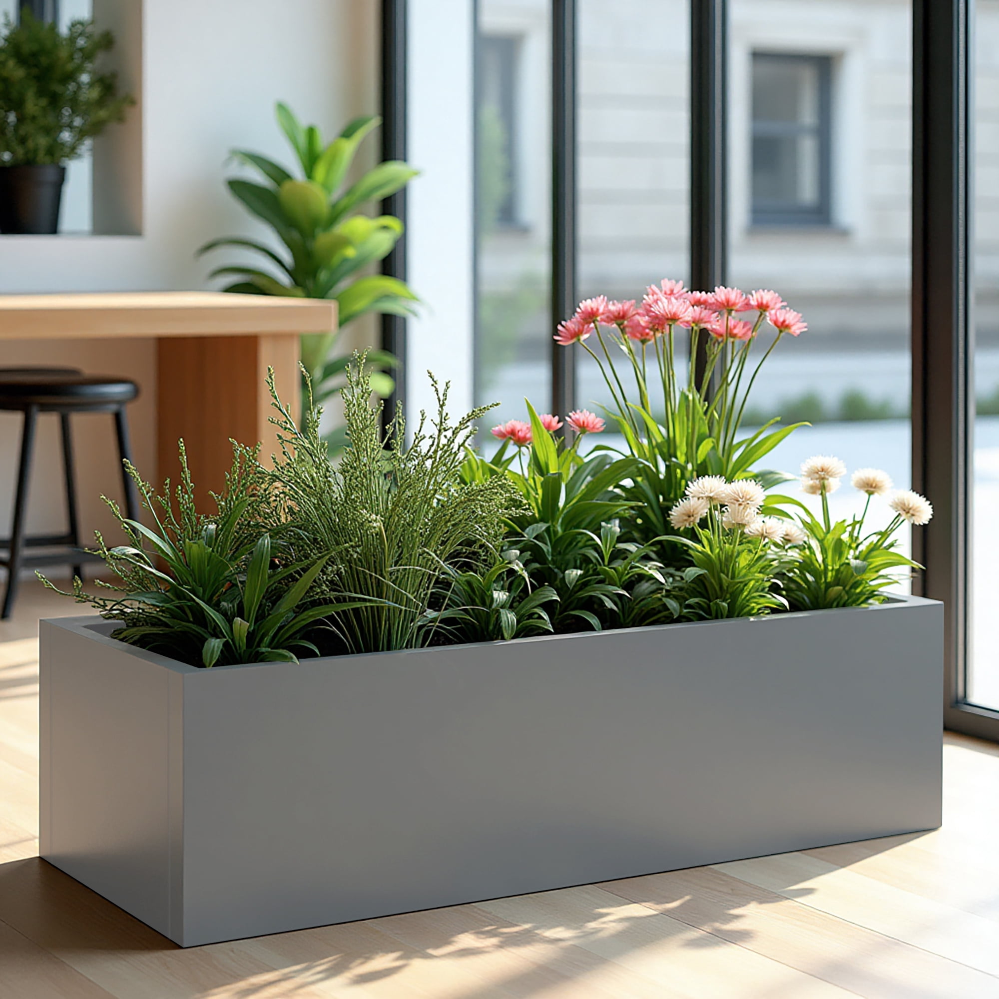 MAYEERTY 36*9*9" Gray Modern Large Rect Metal Planter Box with Drainage Hole for Outdoor Gardening & Balcony