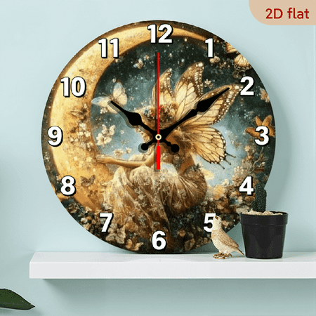 Butterfly Fairy 2D Flat MDF Wood 10in Round Wall Clock, Silent Non-Ticking Battery Operated, Bedroom Living Room Office Home Decor Art, Ideal Gift for Christmas and New Year