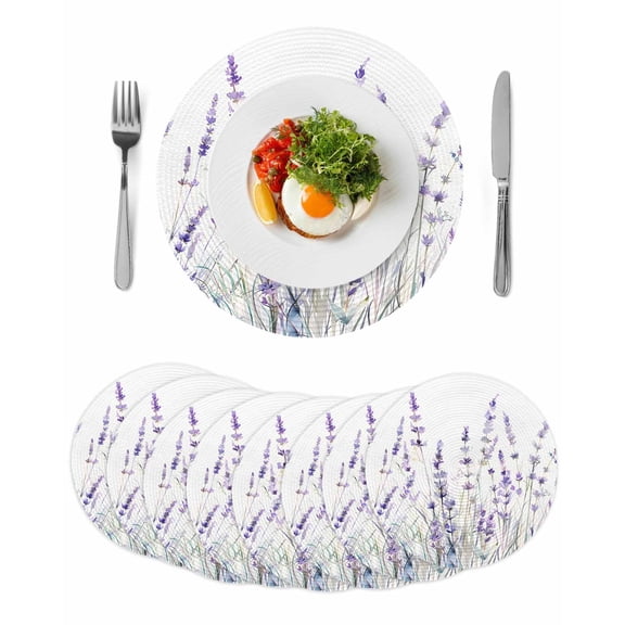 Lavender Floral Round 15 Inch Placemats Set of 8, Spring Flowers Botanical Plants HeatResistant Non Slip Place Mats for Dining Table, Wipeable Braided Kitchen Table Mats for Housewarming
