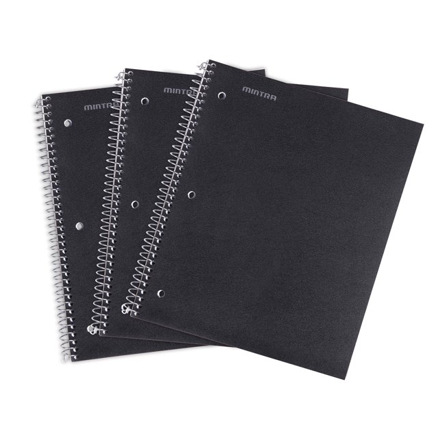 Mintra Office Durable Spiral Notebooks 1 Subject (Black College Ruled 3 Pack) 100 Sheets Poly Pocket Moisture Resistant Cover Strong Chipboard Back For School Office Business