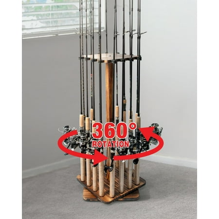 Ghosthorn Fishing Rod Pole Holders for Garage 360°Rotating for 16 Rods Wooden Fishing Pole Rod Rack Storage Organizer
