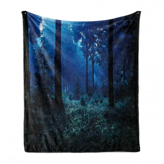 Night Soft Flannel Fleece Throw Blanket, Misty Nature Scene of Autumn Forest in Thuringia Germany Tranquil Woodland, Cozy Plush for Indoor and Outdoor Use, 50" x 60", Blue Green White, by Ambesonne