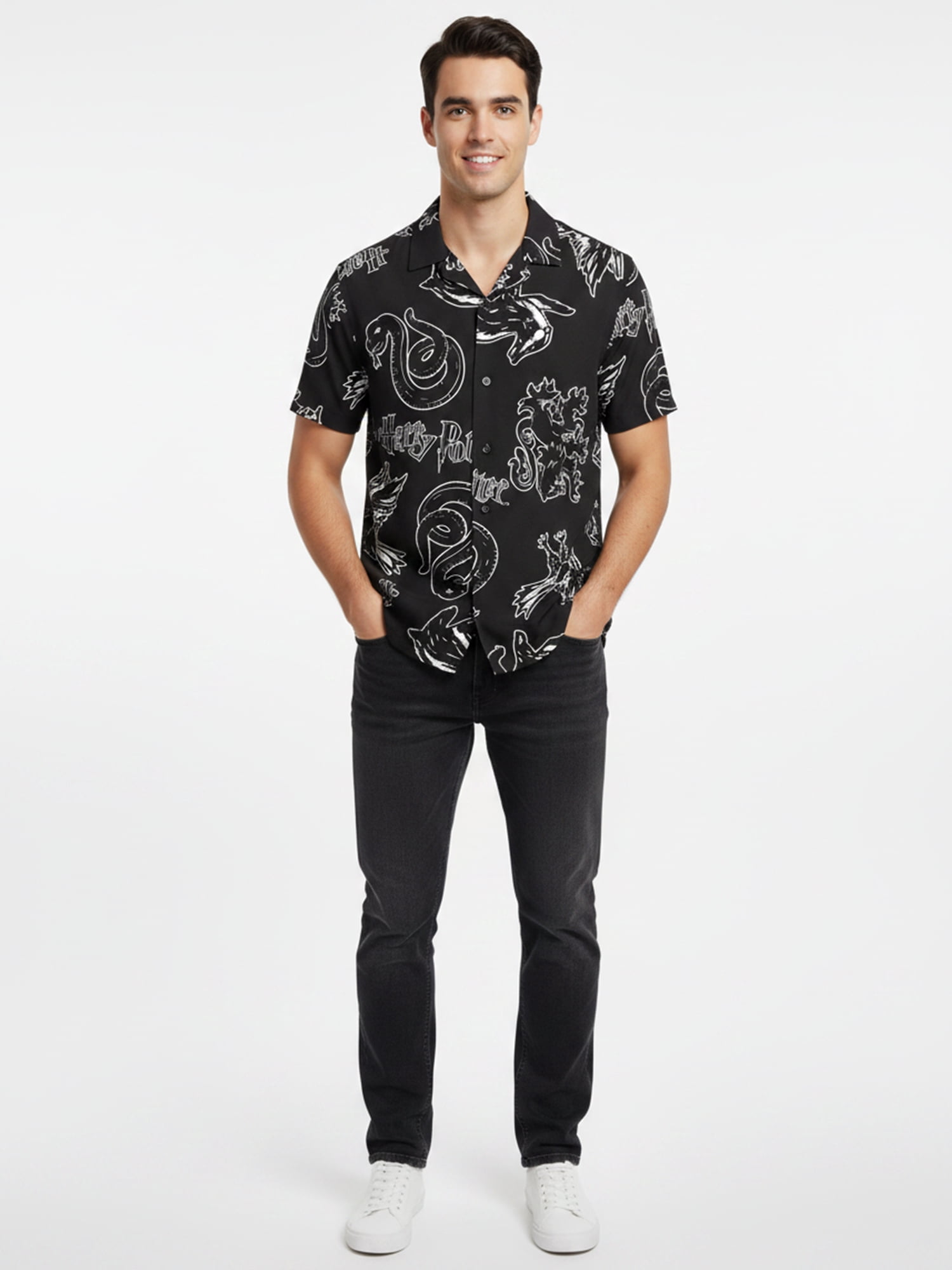Harry Potter Men’s Short Sleeve Button-Up Camp Shirt, Line Work, Sizes S–3XL