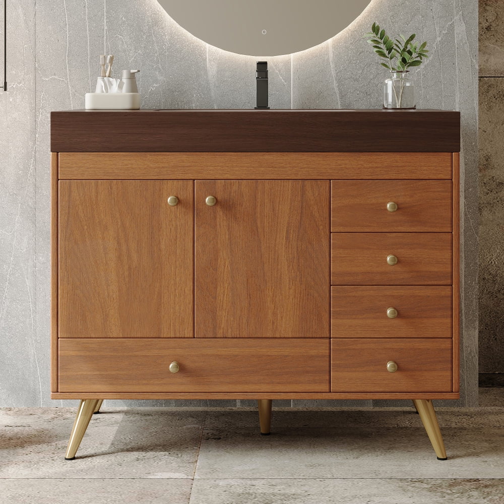 FFZ 36" Freestanding Bathroom Vanity with Faux Marble Top, Ceramic Sink, 5 Drawers & Stainless Steel Legs,4 Colors for Bathromm and Living Room