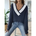 thumbnail image 6 of Womens Long Sleeve - Knit Pullover Tops Contrast Color Stitching V-Neck Pullover Sweater Hidden Blue S, 6 of 7