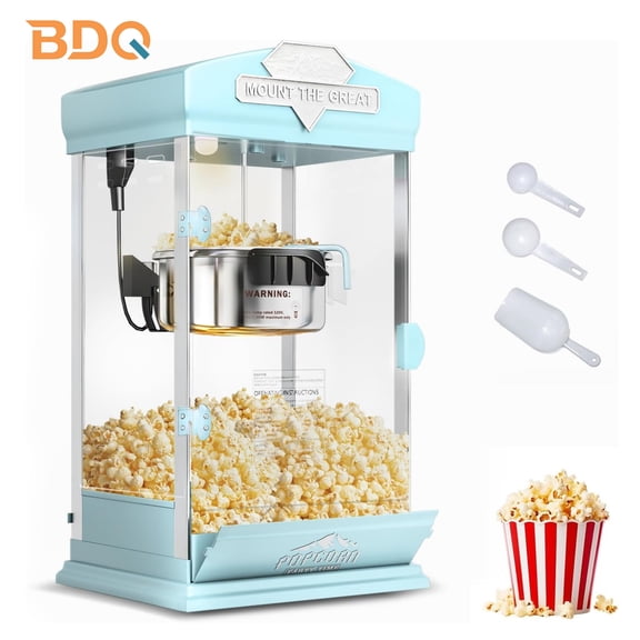 BDQ 8 oz Popcorn Machine, Tabletop Popcorn Maker, Countertop Pop Corn Machine Makes up to 32 Cups, Movie Theater Popcorn Popper Machine with Stainless-Steel Kettle for Home Family, 300 W, Cyan