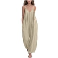 thumbnail image 2 of Women’s Zip‑up Oversized Baggy Jumpsuit, Spaghetti Strap V‑neck Loose Wide Leg Casual Pants, Comfy Loungewear Overalls Khaki XXL, 2 of 5