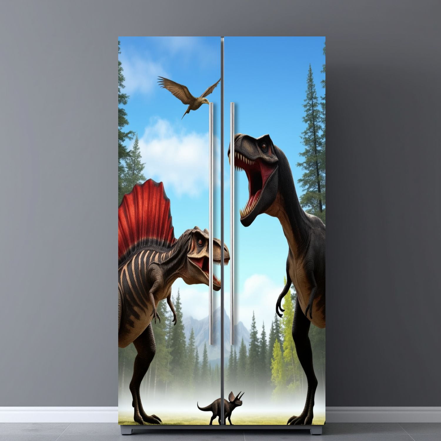 Self Adhesive Vinyl Refrigerator Wrap Set 3D Effect Dinosaurs City Spinosaurus Tyrannosaurus Rex Door Mural Removable Fridge Sticker Peel and Stick&nbsp;Full Door Cover Decal Kitchen Bar Decor
