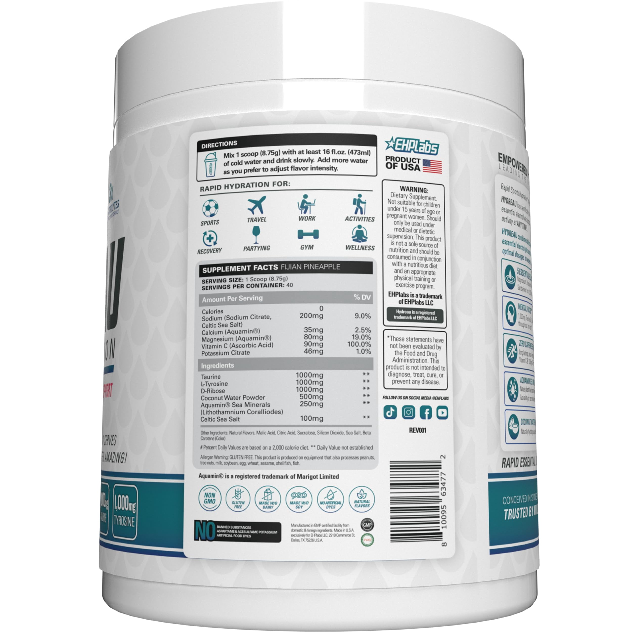 EHP Labs Hydreau Electrolytes Powder No Sugar - Hydration Powder for Endurance & Energy - Electrolyte Powder for Men & Women - Sugar Free Electrolytes - Fijian Pineapple (40 Serves)