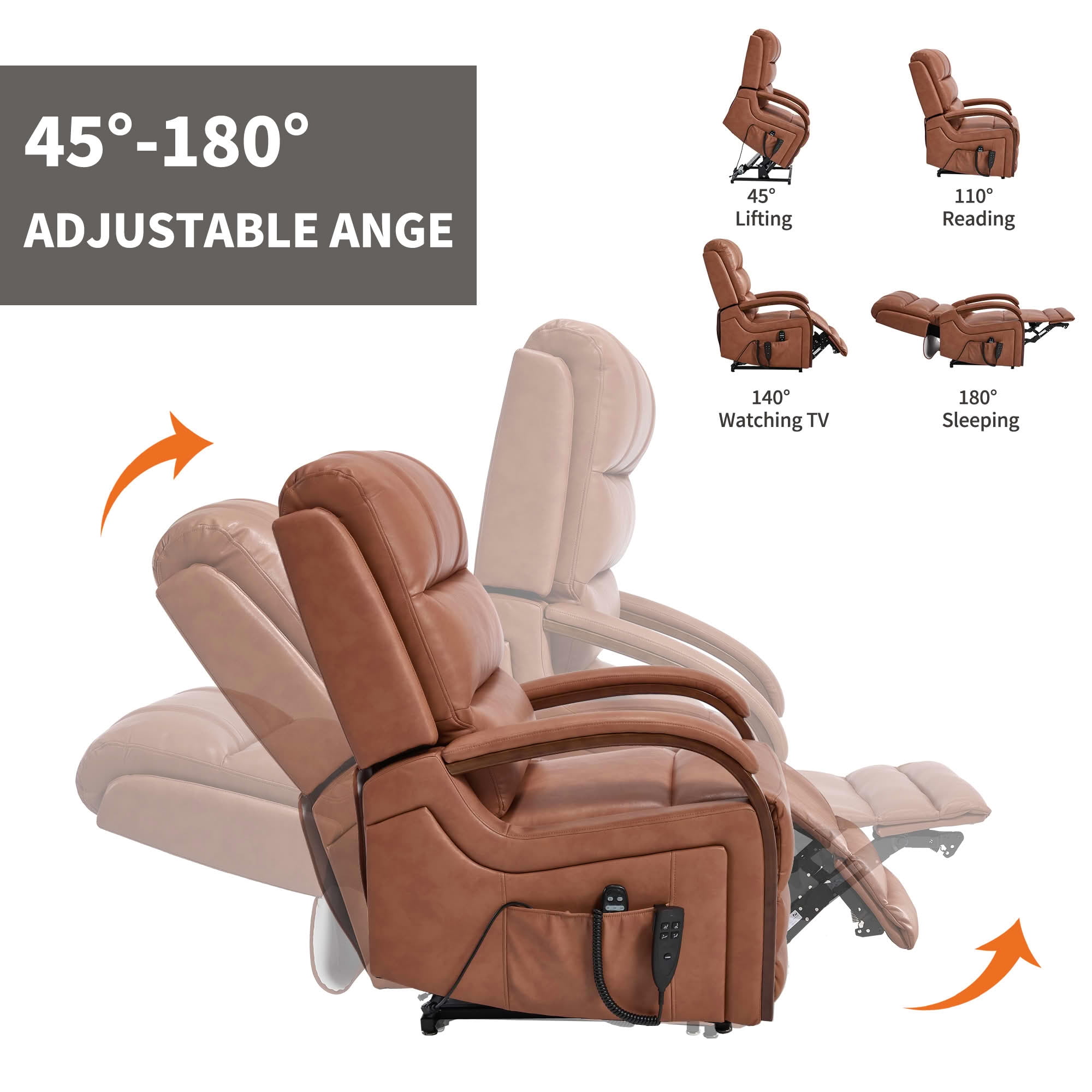 MAYEERTY Orange Leatheraire Dual Motor Power Lift Recliner, 350lbs Solid Wood Armrest Massage Heat 30"x36"x43" for Elderly