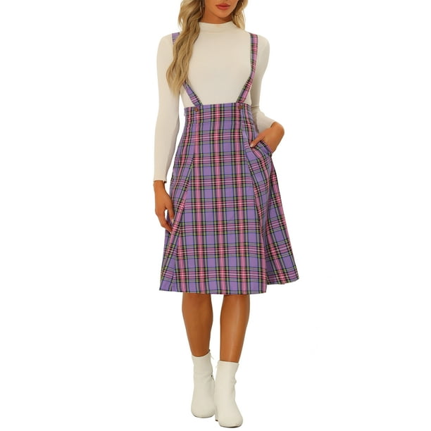 Vestido de pinafore de cuadros INSPIRE CHIC para mujeres, falda de tirantes de tartán, M, púrpura