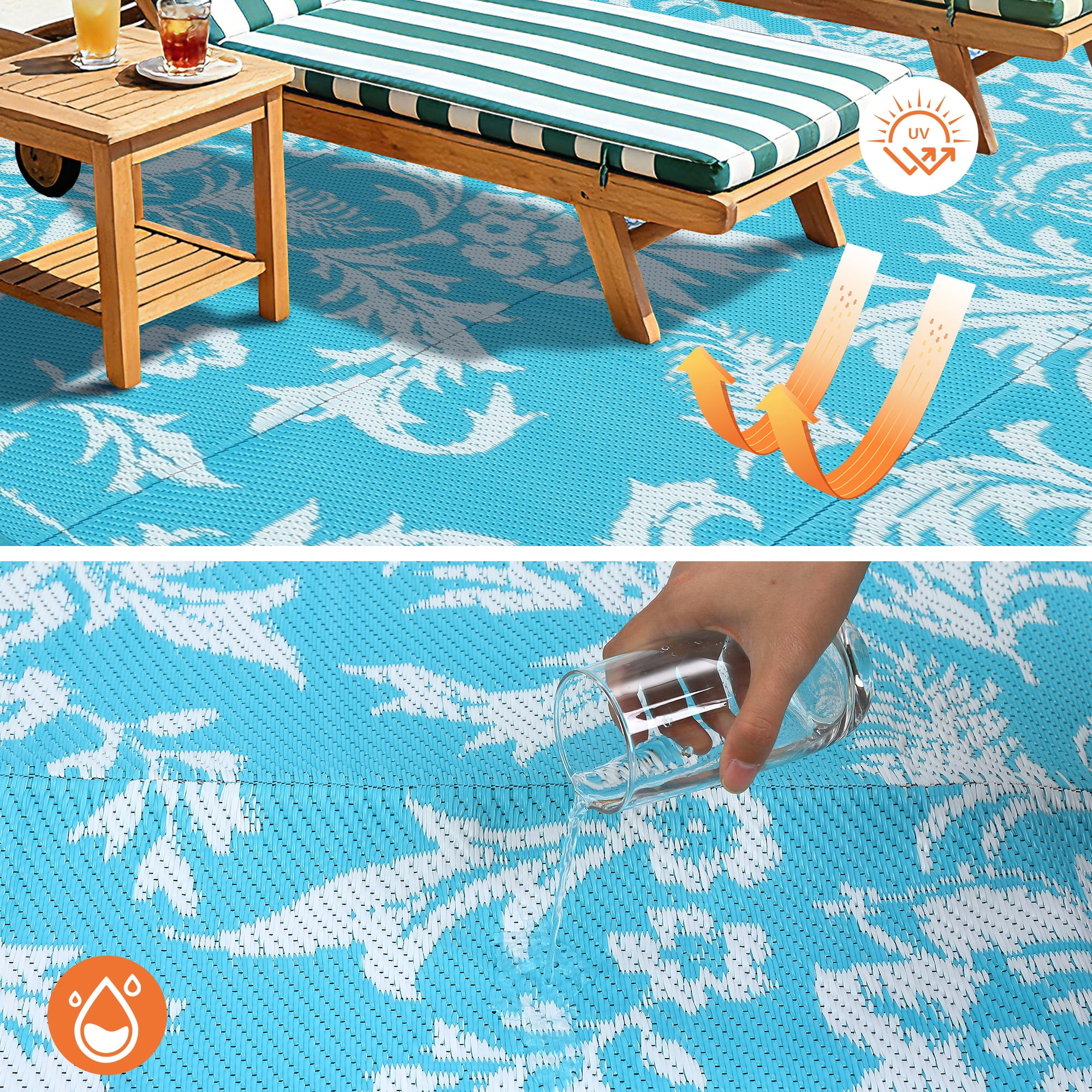 Waterproof Outdoor Rug 8x10 FT Reversible Plastic Straw Patio Mat, Lightweight Foldable Area Rug for RV Camping, Deck, Backyard, Porch, Beach, Picnic, Blue & White