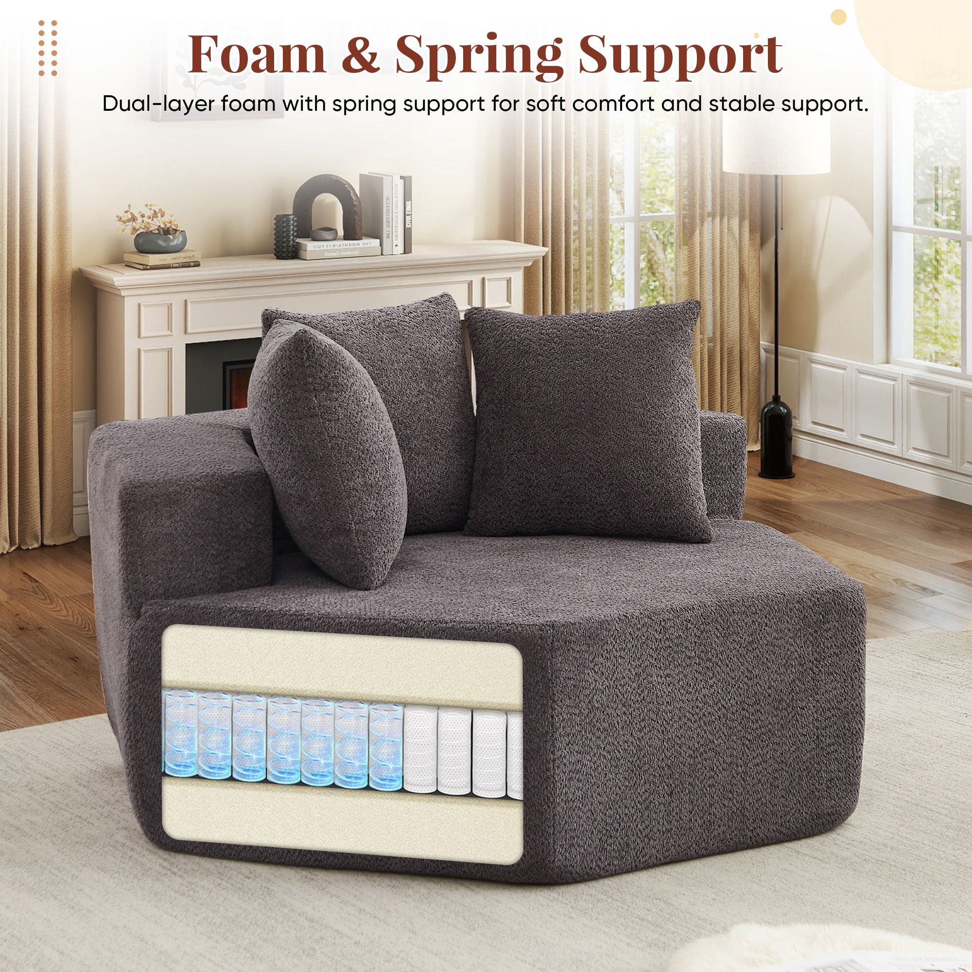 Lunale Oversized Boneless Chaise Lounge Chair Indoor, Round Cloud Couch, Accent Reading Chair for Living Room, Bedroom, Gray Chenille