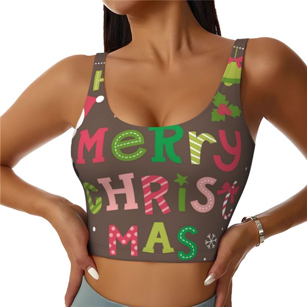 Fotbe Ho Ho Ho Merry Christmas Sujetador Deportivo Largo sin Aros para Mujer con Almohadillas y Soporte Medio, Transpirable y Absorbente, Camiseta Tipo Chaleco o Tank Top-Medium