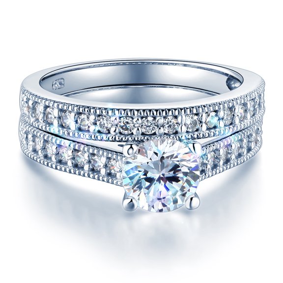 Wellingsale Ladies Solid 14k White Gold Polished CZ Cubic Zirconia Round Cut Engagement Ring with Side Stones and Wedding Band Bridal Set - Size 4