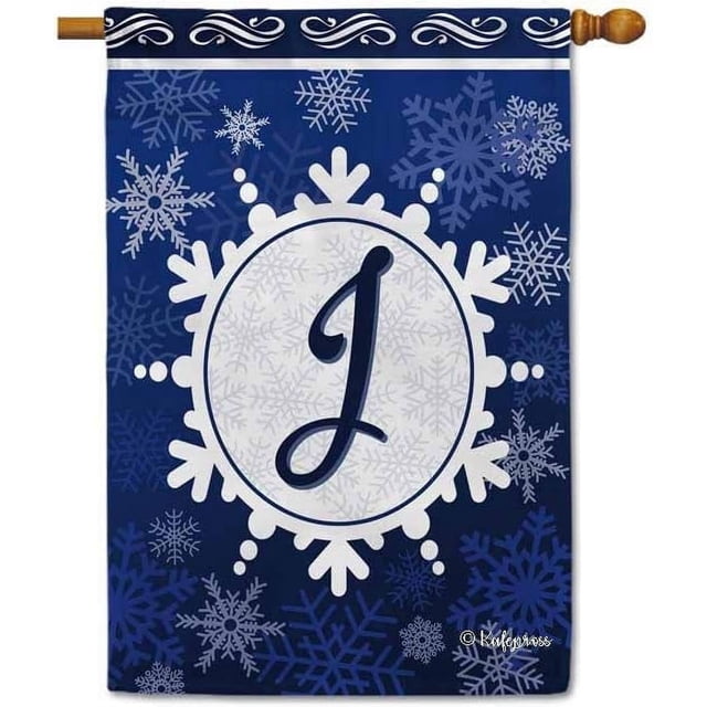 Welcome Winter Snowflake Monogram J Decorative House Flag Initial Letter Snow Deocr Banner for Inside and Outside 28x40 Inch Double Sided