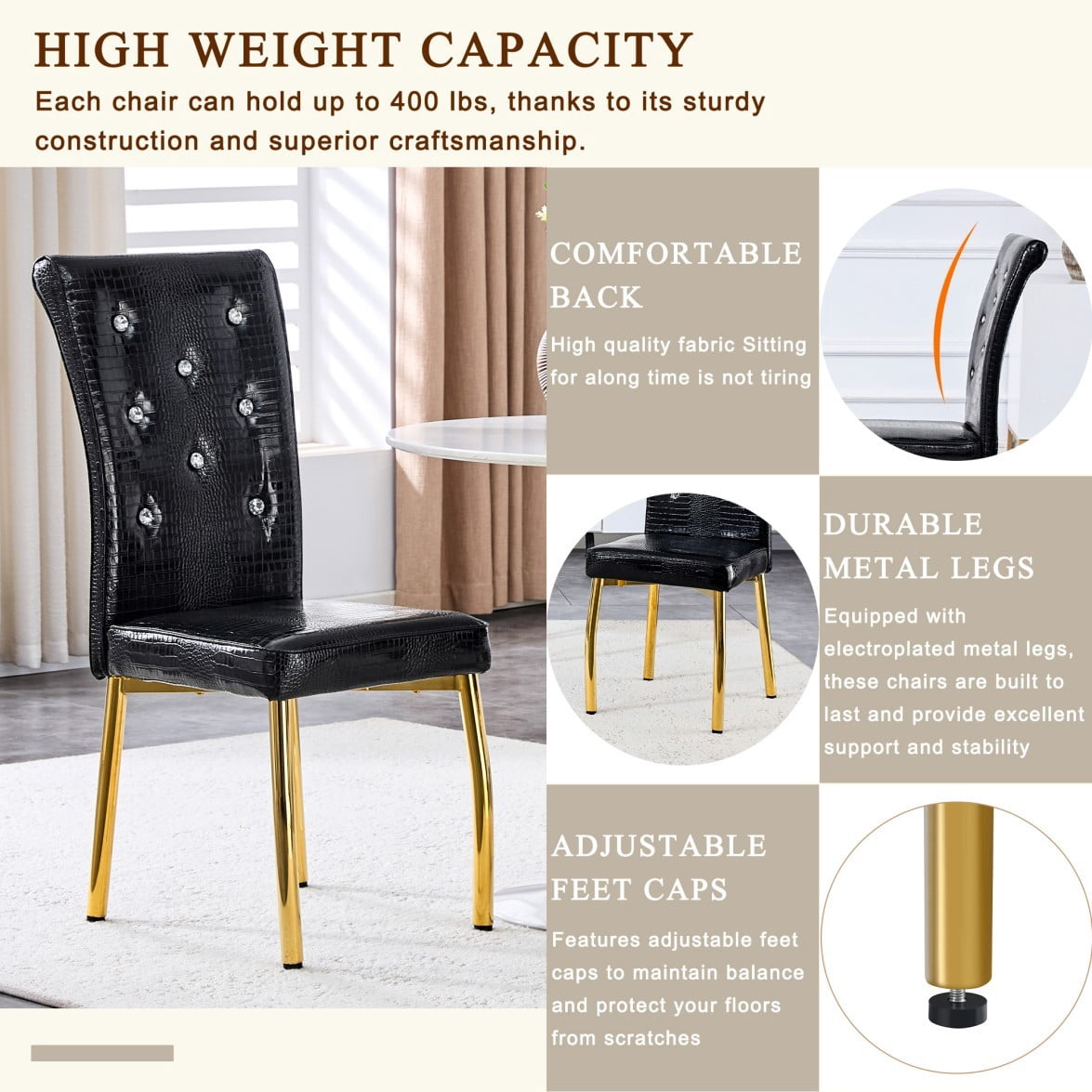 Set of 4 Retro Dining Chairs, Faux Alligator-Textured PVC Leather Upholstered Chairs with Crystal Button Details & Galvanized Metal Legs, 400 LBS, Black & Gold
