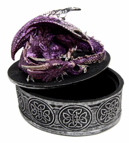 Sleeping Purple Dragon Oval Trinket Jewelry Box Figurine With Celtic Knotwork