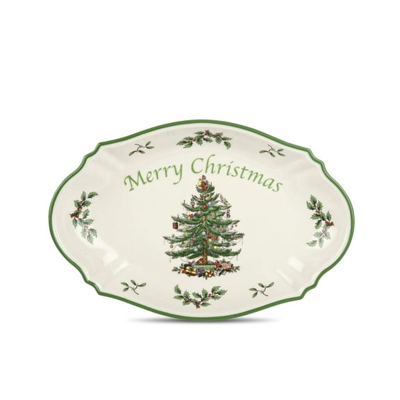 Spode Christmas Tree Oval Festive Tray - 11-Inch Rectangular Earthenware Serving Tray, Holiday Tableware - Seasonal Trays for Entertainment - Dishwasher, Microwave, Oven Safe
