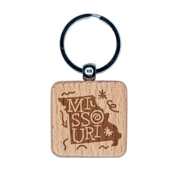 Missouri State with Text Swirls Square Keychain Charm Tag - Engraved Wood