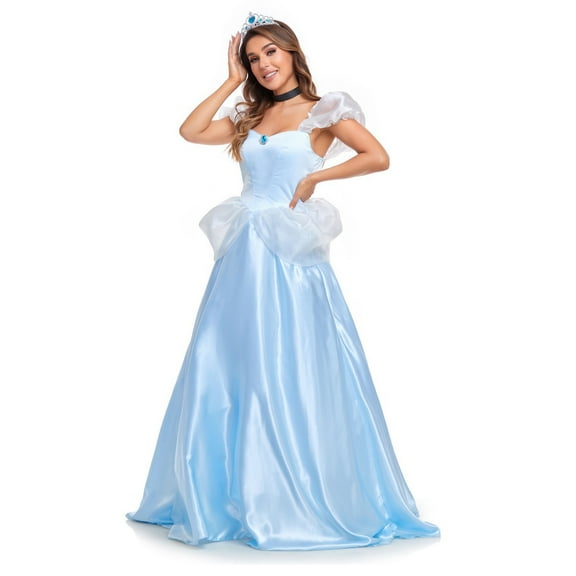 YUEHUAN Women Blue Princess Dress Up Adult Women Deluxe Satin Ball Gown Prom Dresses