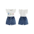 thumbnail image 2 of BemeyourBBs Toddler Baby Girls 2 Piece Summer Clothes Infant Baby Girl Denim Outfit Ruffle Short Sleeve 3D Flower Decor Ribbed Shirt Tops and Pockets Jeans Denim Shorts Sets, 2 of 9