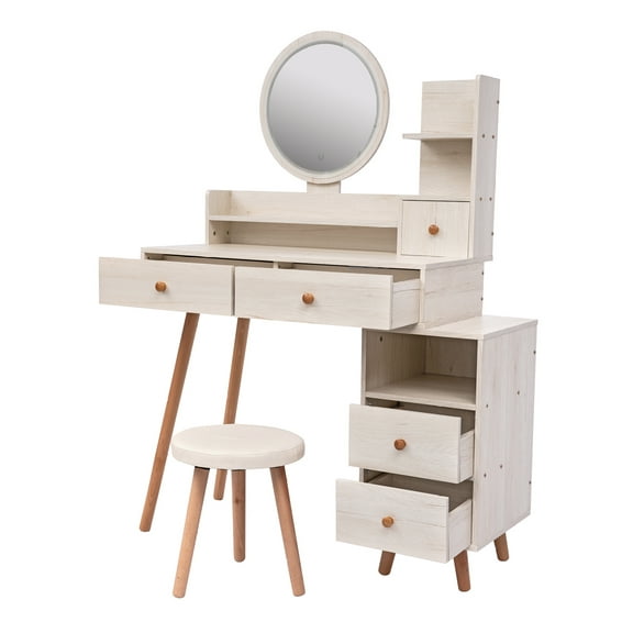 Vanity Table Set with LED Mirror & Stool, Makeup Table with 5 Drawers, Adjustable Length Vanity Desk with Large Storage, Fashionable Cosmetic Organizer