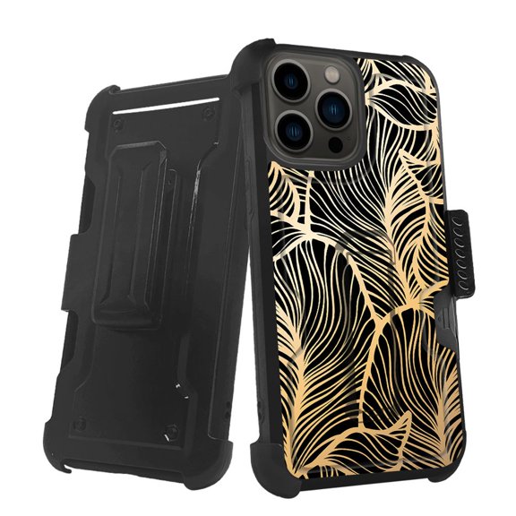 ANJ Rugged Shockproof Holster Case w/Card Slot, Kickstand Tempered Glass for iPhone 13 Pro (6.1") - Golden Leaves