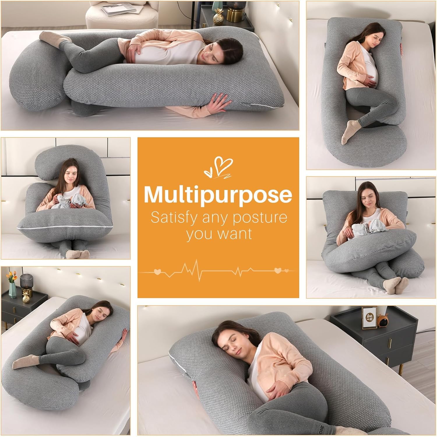 SHANNA J-Shape Pregnancy Pillow Full Body Maternity Pillow for Pregnant Women with Washable Cover for Back Belly Hips Legs Support, 57 * 27.5inch, Dark Gray