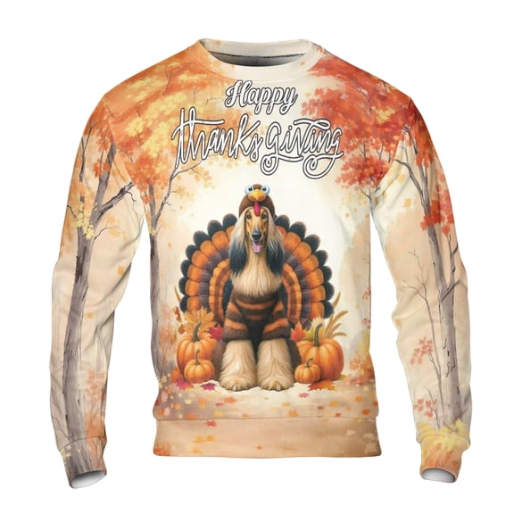 Happy Thanksgiving Afghan Hound Turkey Costume Pumpkins Autumn Leaves All Over Print 3D Sweatshirt Unisex Merch Dog Lover - 13014