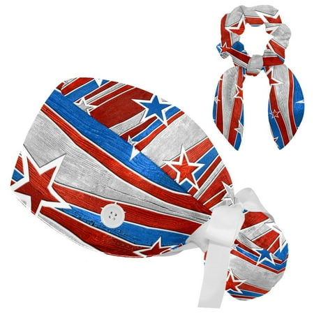 

Working Cap with Buttons and Sweatband Scrub Hat Bouffant Caps with Scrunchie Red Blue Line Star Tie Back Hats