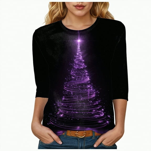 mgoYE Christmas Tops for Women Christmas Sweatshirts Women Funny Christmas Graphic Crewneck Shirts Xmas 3/4 Sleeve Sweaters Pullover(Purple,L)