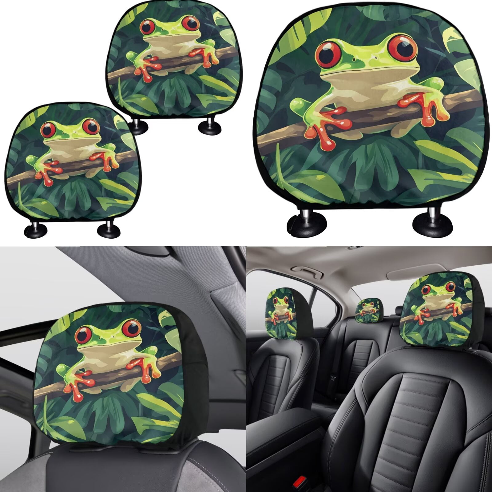 Jeiento Funny Tree Frog 11 Pieces Car Seat Cover Full Set, with Automotive Headrest Covers Coasters Gear Shift Knob Cover Handbrake Cover Keychain Universal Fit for SUV Truck Van Sedan