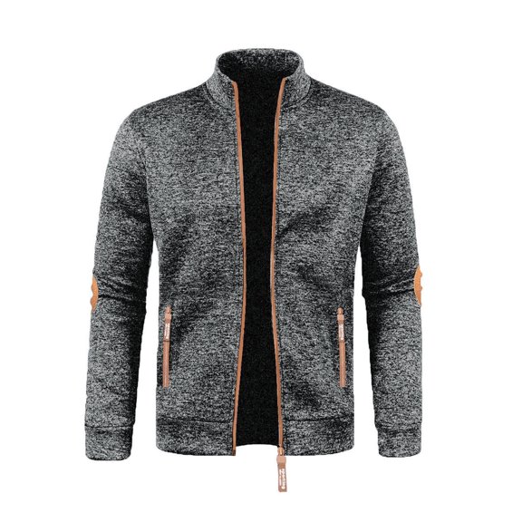SYMOID Mens Dark Gray Zip Up Jacket Sweaters - 100% Polyester, Stand Up Collar, Faux Leather-Like Elbow Patches, Zippered Pockets, Wrinkle-Resistant for Casual Daily Use,Size L