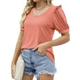 thumbnail image 3 of DYMADE Women Casual V-neck Puff Sleeve Ruffled Short Sleeve T-shirt Top, 3 of 4