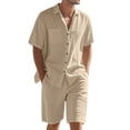 thumbnail image 2 of Men's Linen Blend Short Sleeve Shirt & Shorts Set, Casual Summer 2 Piece Outfit Khaki XXL, 2 of 9