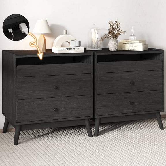 IDEALSOUL Nightstand Set of 2, 24 inch End Side Table with Hidden Charging Station, Large Wooden Night Stand for Bedroom Furniture(2pcs, Black)