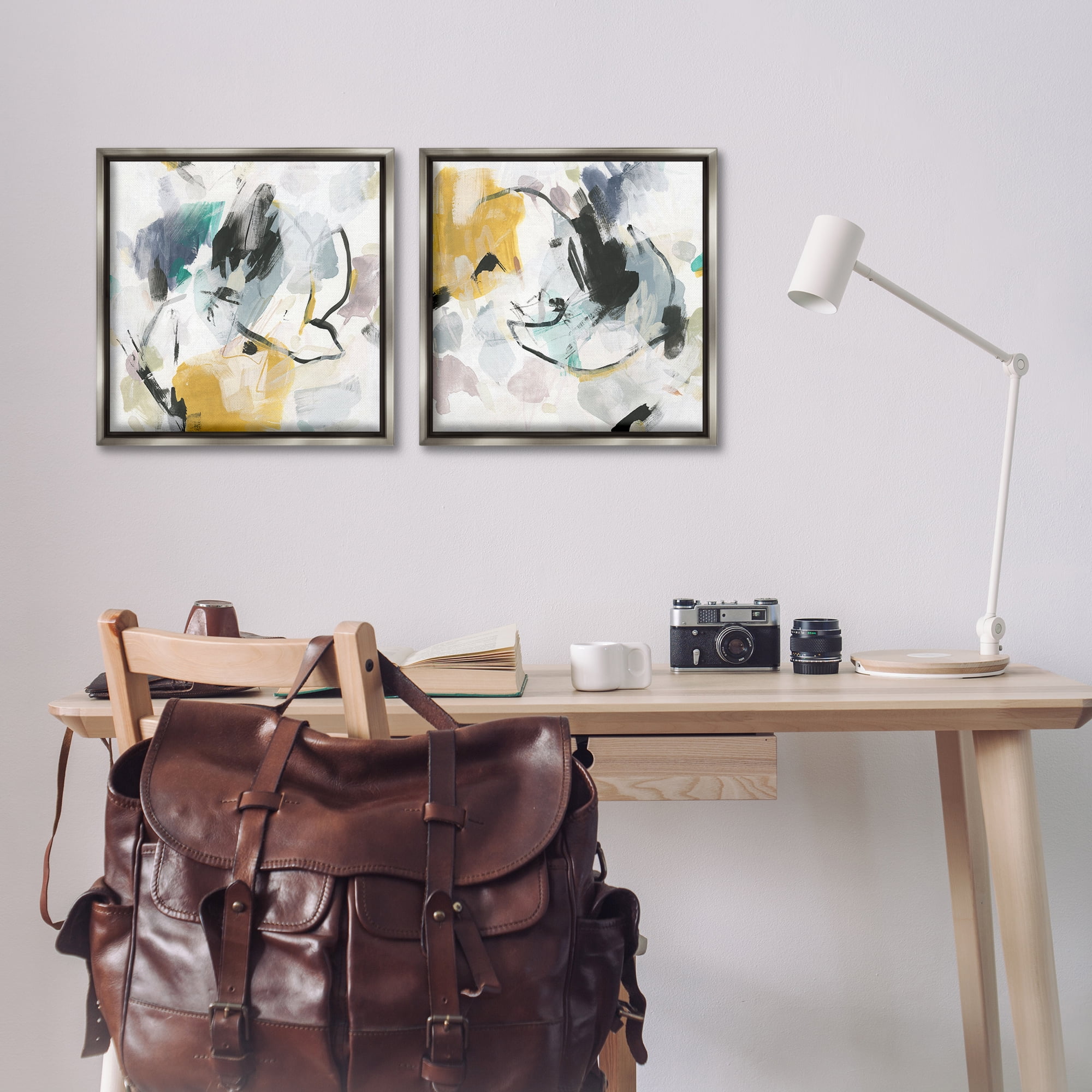 Stupell Industries Black & Yellow Abstract Splash Abstract Painting Gray Floater Framed Canvas Art Print Wall Art, 18 x 18, Set of 2